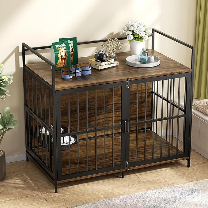 LOVMOR Dog Cage Furniture with Rotating Feeder Bowls, Dog Kennel Indoor with Cushion, Dog Crates for Large Dogs, 48" L X 3...