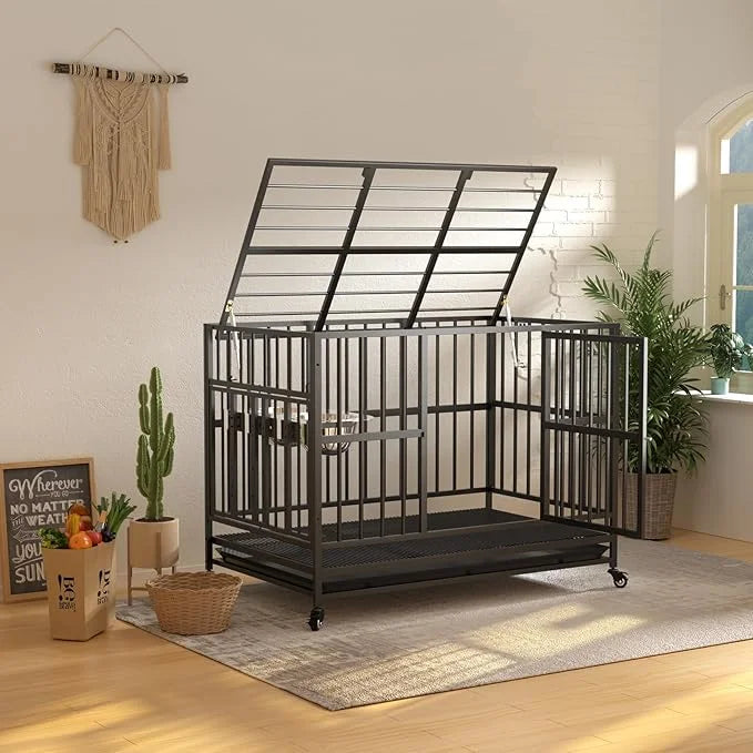 LOVMOR 37" Heavy Duty Dog Crate with Wheels/Unique Air Lift Rod / 360° & Adjustable 2 Bowls, Extra Small Dog Crate - Produ...