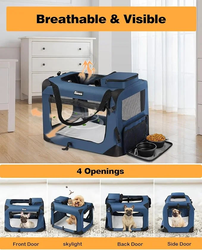 Extra Large Dog Crate with 2 Foldable Bowl, 28 Inch Collapsible Travel Dog Crate Kennel with Soft Blanket for Medium Dogs,...