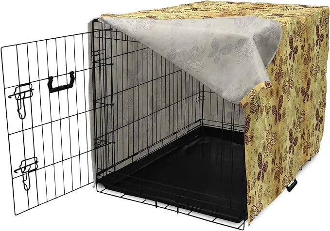 Lunarable Yellow and Brown Dog Crate Cover, Butterflies with Lace Style Ornament Spring Season Beauty Nature Print, Easy t...