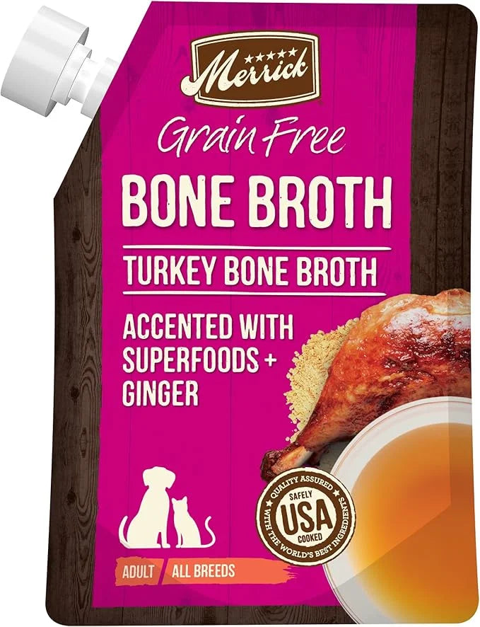 Merrick Grain Free Bone Broth, Premium Human Grade And Gluten Free Dog And Cat Food Topper Pouches, Turkey - 16 oz. Pouch ...
