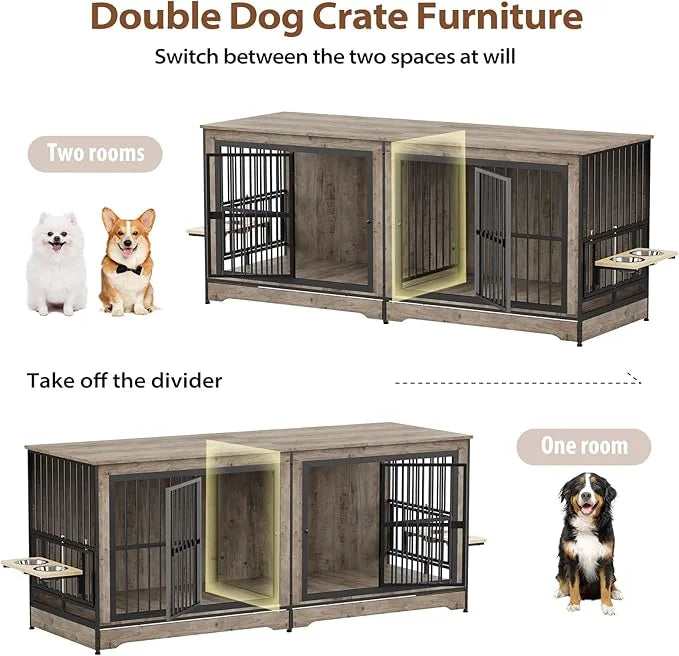 Rovibek 78 Double Dog Crate Furniture for 2 Large Dogs Indoor, Wooden Furniture Dog Crates with Dog Bowl, Dog Kennel Furni...