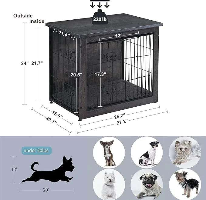 DWANTON Dog Crate Furniture with Cushion, Wooden Kennel Table with Double Doors, Indoor Dog House, Small/Medium/Large/Extr...