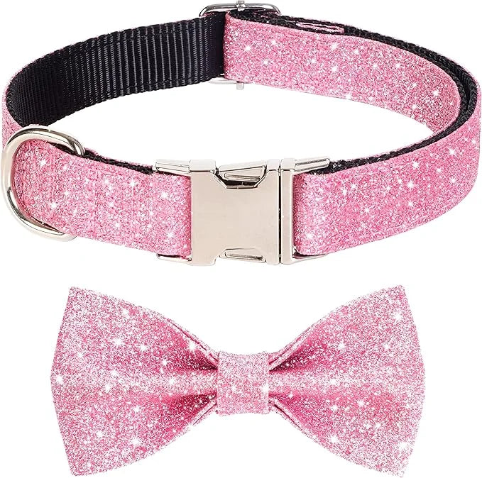 Bling Bow Tie Dog Collar and Leash Set, Cute Pink Girl Dog Collar with 5ft Leash for Small Medium Dogs Daily Walking or Ho...