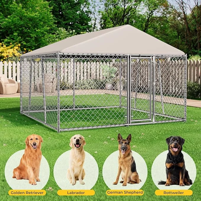 10 x 10FT Large Outdoor Dog Kennel with Roof, Dog Kennel Outside with Waterproof Cover, Galvanized Heavy Duty Chain Link D...