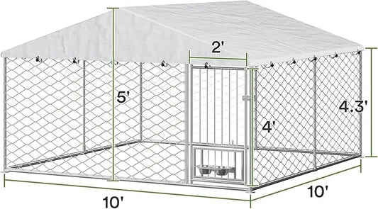 10x10 ft Dog Kennel Outdoor - Outside Dog Kennel with Roof, Large Outdoor Kennel with Rotating Feeder Bowls, Covered Dog R...