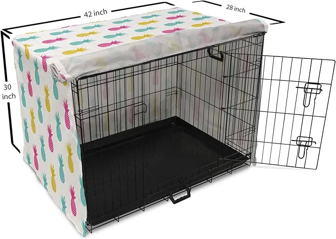 Lunarable Yellow Pineapple Dog Crate Cover, Rhythmic Ananas Fruits in Colorful Design Summer Tropical Concept, Easy to Use...