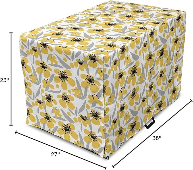 Ambesonne Floral Dog Crate Cover, Minimalistic Graphic Drawing of Yellow Flowers Pattern, Easy to Use Pet Kennel Cover for...