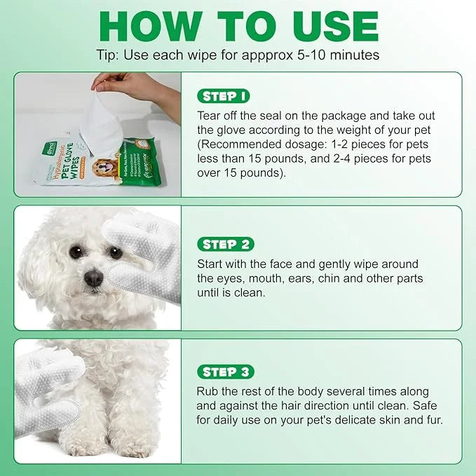 Pet Glove Wipes UNSCENTED for Dogs and Cats No-Rinse, Deodorizing, Grooming Gloves for Paws, Face, Butt, and Legs, Portabl...