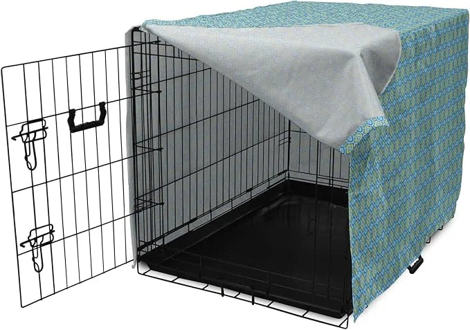 Lunarable Yellow and Blue Dog Crate Cover, Hand Drawn Abstract Ornament Rhombus Shapes Mosaic Vintage, Easy to Use Pet Ken...