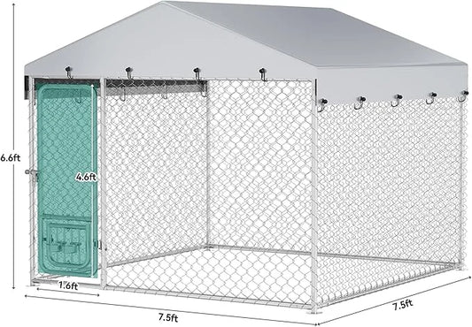 YITAHOME Outdoor Dog Kennel with Rotating Feeder Bowls, 7.5'x7.5' Outdoor Dog Enclosure with Roof, Heavy Duty Dog Cage for...