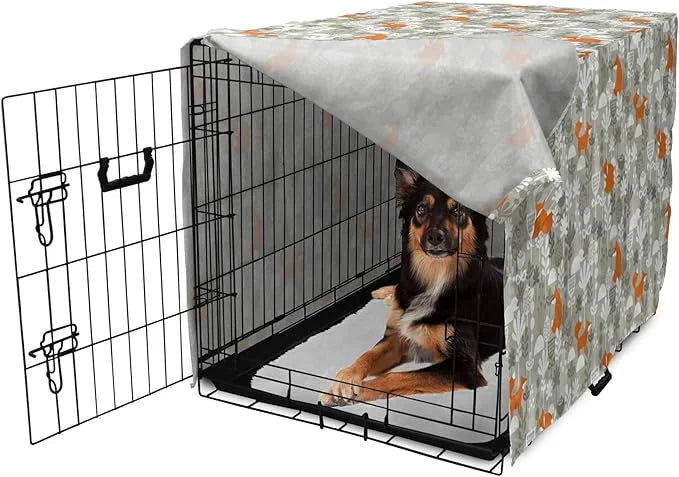 Lunarable Autumn Fall Dog Crate Cover, Fox Animal Sleeping in The Forest Plants Woodland Wildlife Theme, Easy to Use Pet K...