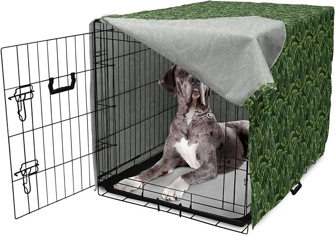 Lunarable Hunter Green Dog Crate Cover, Tropical Palm Leaves Exotic Plants Hawaiian Trees Jungle Natural Design, Easy to U...