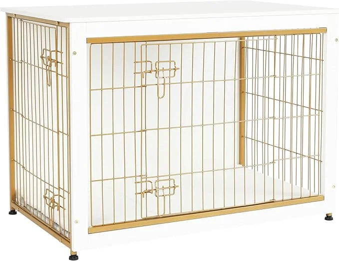 DWANTON Dog Crate Furniture with Cushion, Wooden Kennel Table with Double Doors, Indoor Dog House, Large Size, 38.5" L, Wh...