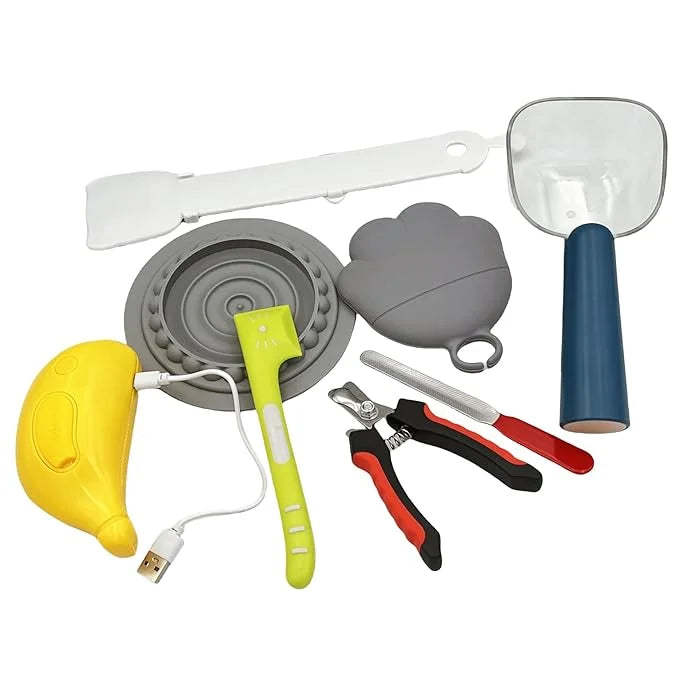 Pet Grooming Food Kit, 8Pcs Dog Cat Can Supplies Set,Steam Brush,Nail Clipper & File,Food Can Spoon,Pet Food Scoop with Ba...