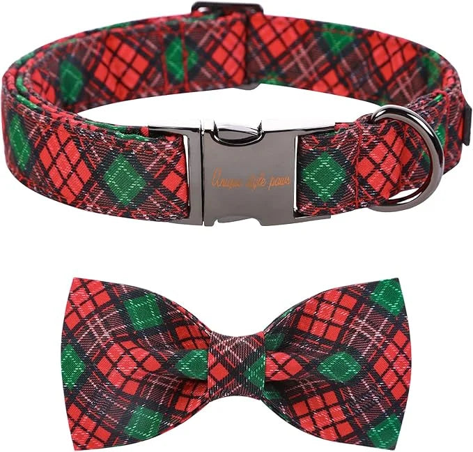 Unique style paws Christmas Dog Collar with Bow Tie Red Green Plaid Adjustable Cotton Puppy Collar for Small Medium Large ...