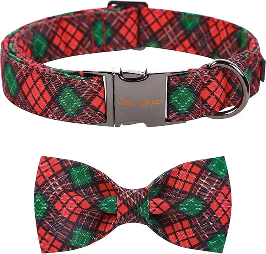 Unique style paws Christmas Dog Collar with Bow Tie Red Green Plaid Adjustable Cotton Puppy Collar for Small Medium Large ...