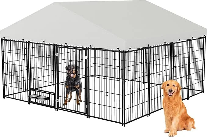 Rovibek 10x10 FT Dog Kennel Outside, Dog Kennels Outdoor with 2 Height Adjustable Rotating Feeder Bowls, Dog Enclosure Out...