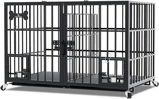 aboxoo 42/48 inch Heavy Duty Metal Dog Crate for 2 Dogs/Large Dog,All Metal Open Top Stackable,Dog Kennel Indoor with Whee...