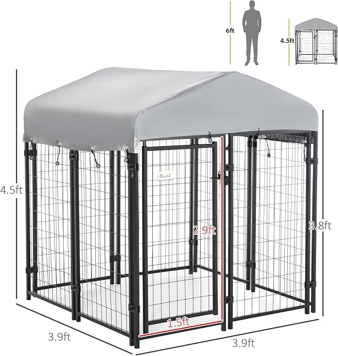 PawHut 4' x 4' x 4.5' Dog Kennel Outside, Dog Playpen Exercise Pen with Lockable Door, Water-Resistant Canopy, for Medium ...