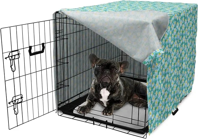 Lunarable Yellow and Blue Dog Crate Cover, Meadow Art Pattern with Ladybirds and Chamomile Daisy Blossoms, Easy to Use Pet...
