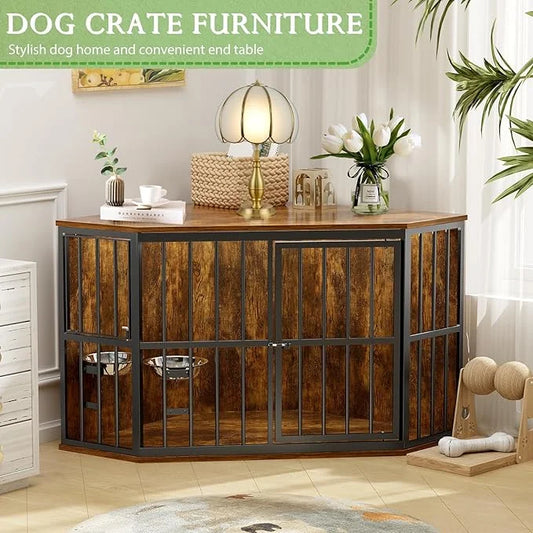 Medium Dog Crate Furniture, 42” Heavy Duty Corner Dog Crate with 2 Stainless Steel Bowls, Dog Kennel Furniture Style House...