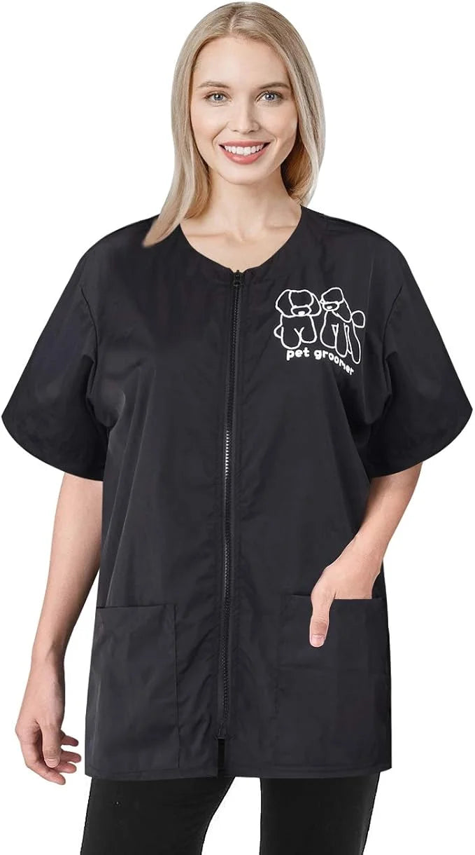 Noverlife Short Sleeves Pet Grooming Work Clothes with Full Zipper, M Size, Splash Proof Anti-Static Pet Beautician Smock,...