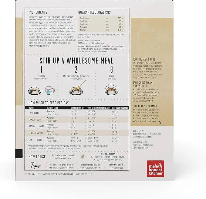 The Honest Kitchen Human Grade Dehydrated Whole Grain Dog Food – Complete Meal or Dog Food Topper – Beef 4 lb (makes 16 lb...