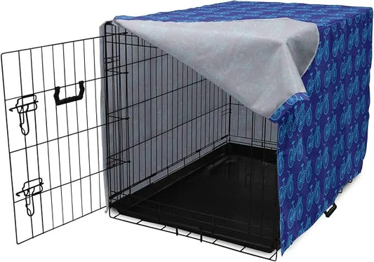 Lunarable Contemporary Blue Dog Crate Cover, Repetitive Pattern with Silhouette Style Bicycles, Easy to Use Pet Kennel Cov...