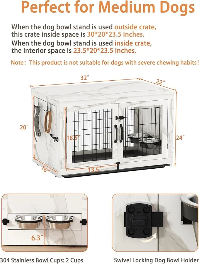 Piskyet Wooden Dog Crate Furniture with 360°Rotatable Removable Dog Bowls, Dog Crate End Table with Tray, Double Doors Dog...