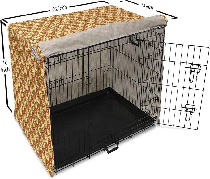 Lunarable Thanksgiving Dog Crate Cover, Checkered Pattern with Funny Cartoon Gobbler and Fallen Autumn Leaves, Easy to Use...