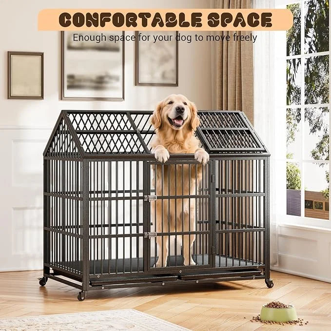 Heavy Duty Dog Crate, 52 Inch Dog Crate with Double Door, 360° Lockable Wheels and Removable Tray, Easy to Assembly，Indoor...
