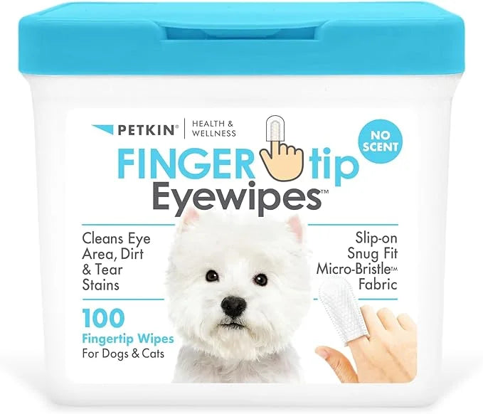 Petkin Fingertip Eye Wipes for Dogs and Cats, 100 Finger Wipes - Slip-On, Snug Fit, Micro-Bristle Fabric - Cleans Eye Area...