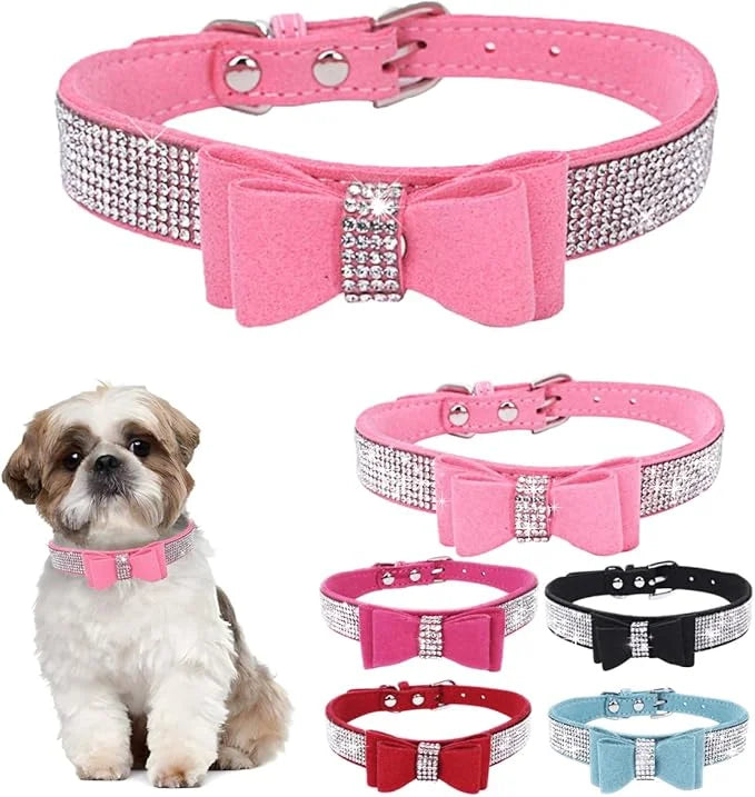 Pink Large Dog Collar Girl, Rhinestone Dog Collar with Bow tie, Female Cat Collars Crystal Jeweled Bling Sparkling Glitter...