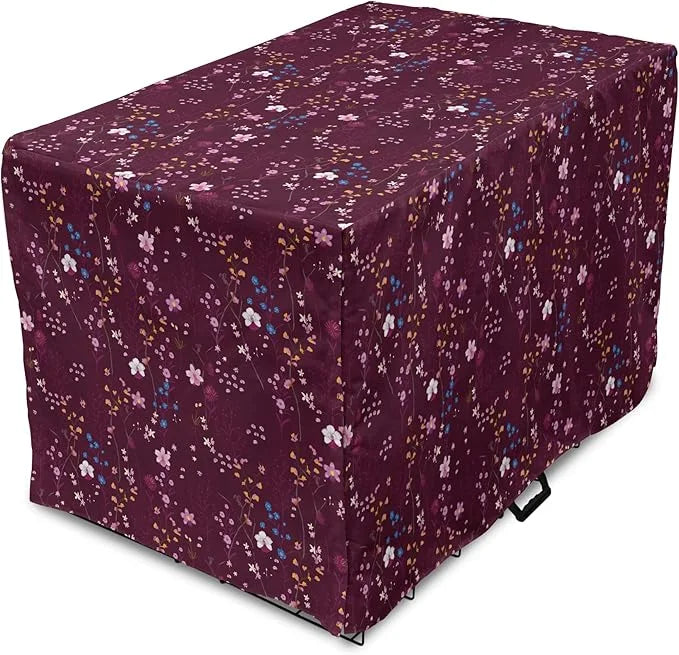 Lunarable Maroon Dog Crate Cover, Pattern of Wildflowers Scene Botanical Spring Time Elements Colorful Blooms, Easy to Use...