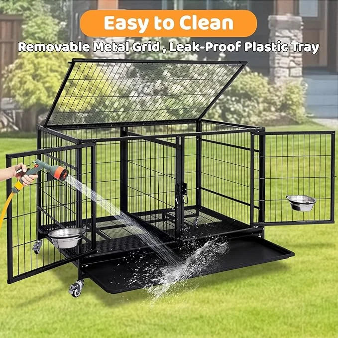 Homey Pet 43 Inch Metal Open Top Stackable Heavy Duty Dog Cage Kennel with Three Door, Metal Floor Grid, Tray, Wheels, Div...