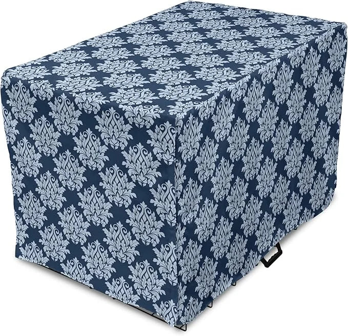Lunarable Damask Dog Crate Cover, Abstract Antique Royal Motif with Leaves and Swirls, Easy to Use Pet Kennel Cover for Sm...