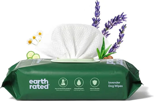 Earth Rated Dog Grooming Wipes, Hypoallergenic, Cleaning and Hydrating, for Paws, Body and Butt, Lavender Scented, 100 Cou...