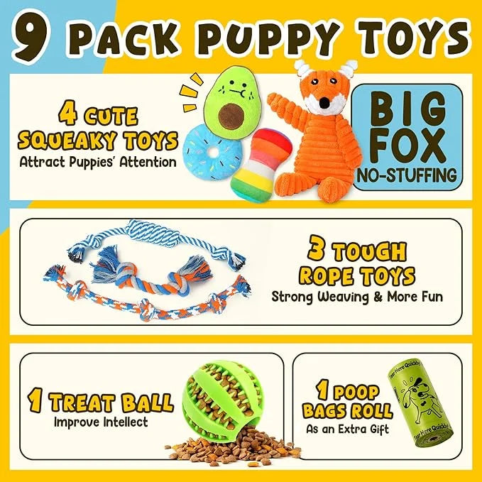 Zeaxuie 9 Pack Luxury Puppy Toys for Teething Small Dogs, Puppy Chew Toys with Cute Squeaky Dog Toys, Ball and More Rope D...