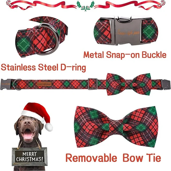Unique style paws Christmas Dog Collar with Bow Tie Red Green Plaid Adjustable Cotton Puppy Collar for Small Medium Large ...