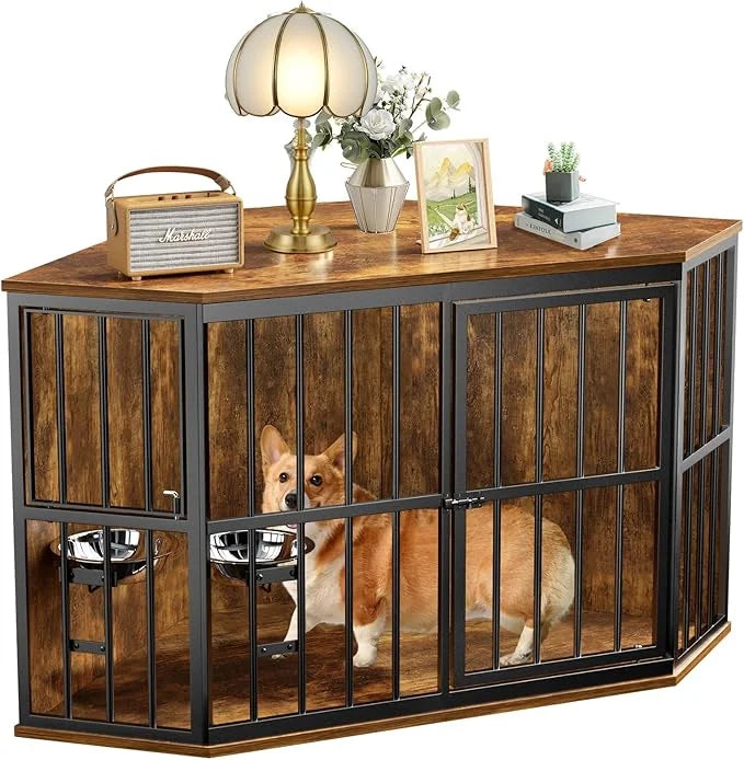 Medium Dog Crate Furniture, 42” Heavy Duty Corner Dog Crate with 2 Stainless Steel Bowls, Dog Kennel Furniture Style House...