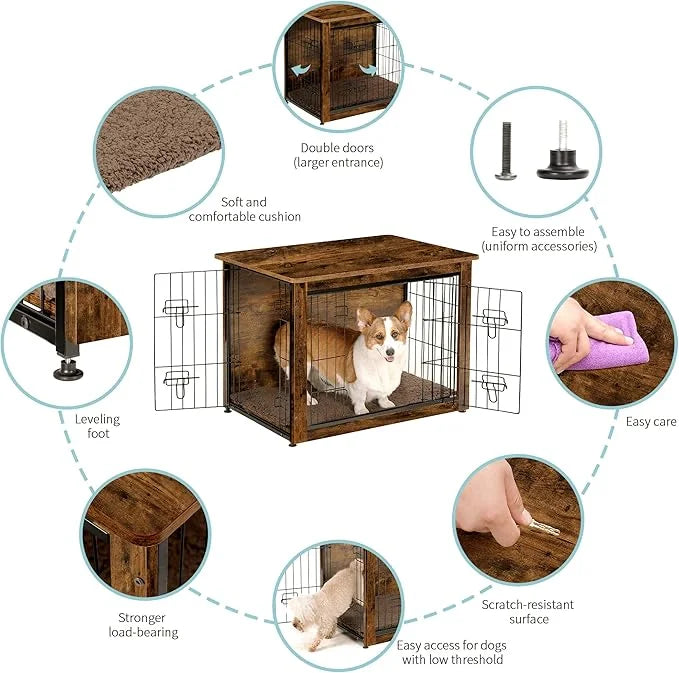 DWANTON Dog Crate Furniture with Cushion, Wooden Kennel Table with Double Doors, Indoor Dog House, Medium Size, 32.5" L, R...
