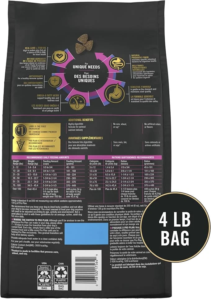 Purina Pro Plan Sensitive Skin and Sensitive Stomach Dog Food Lamb and Oat Meal Formula - 4 lb. Bag - Product Image