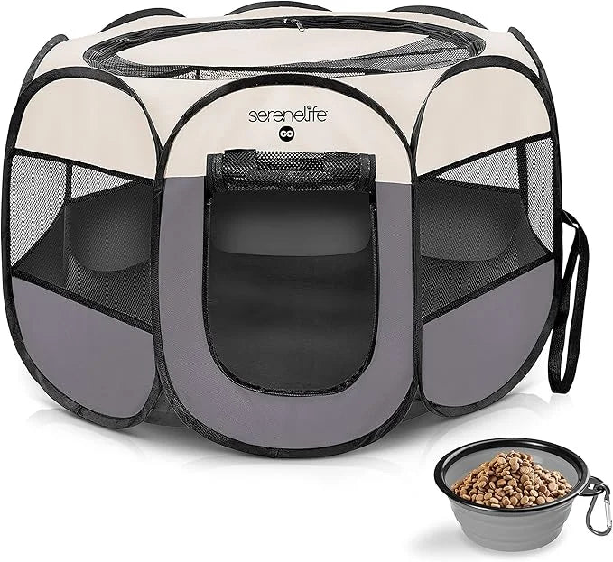SereneLife On-The-Go Foldable Portable Pet Tent 8-Panel Playpen for Dog & Cat w/Food/Water Bowl, Mesh Exercise Puppy Playg...