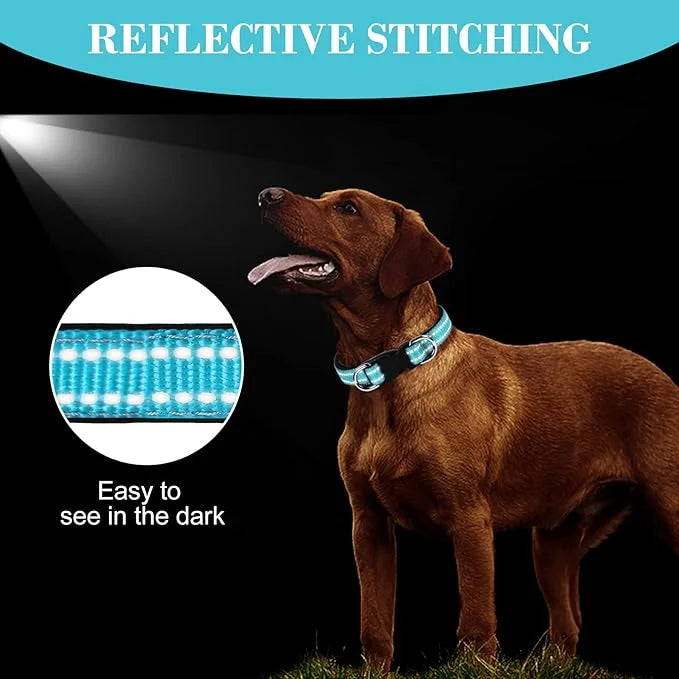 AUAUY Reflective Nylon Dog Collars, Adjustable Classic Pet Collars with Soft Neoprene Padding, Double Security Dual D-Ring...