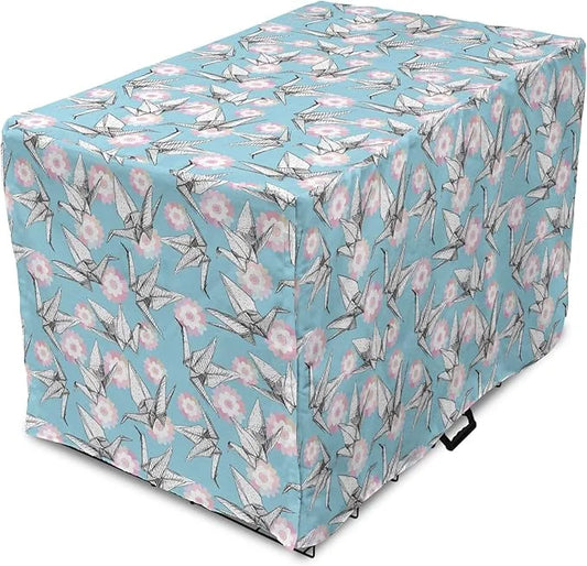 Lunarable Origami Dog Crate Cover, Japanese Tradition Paper Cranes and Cherry Blossom Petals Spring, Easy to Use Pet Kenne...