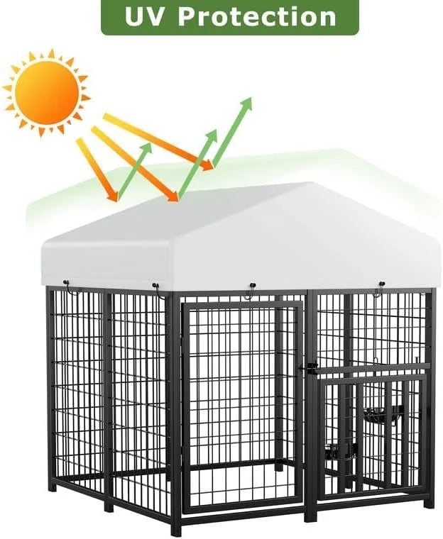 Large Dog Kennel Outdoor Pet Pens Dogs Run Enclosure Animal Hutch Metal Coop Fence with Rotating Bowl - Product Image