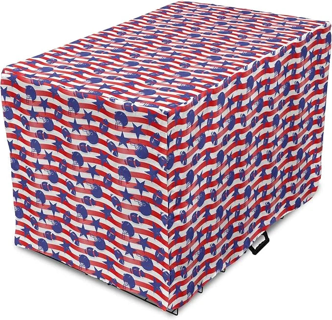 Lunarable Football Dog Crate Cover, Wavy Stripes and National Sport in American USA Inspired Colors, Easy to Use Pet Kenne...