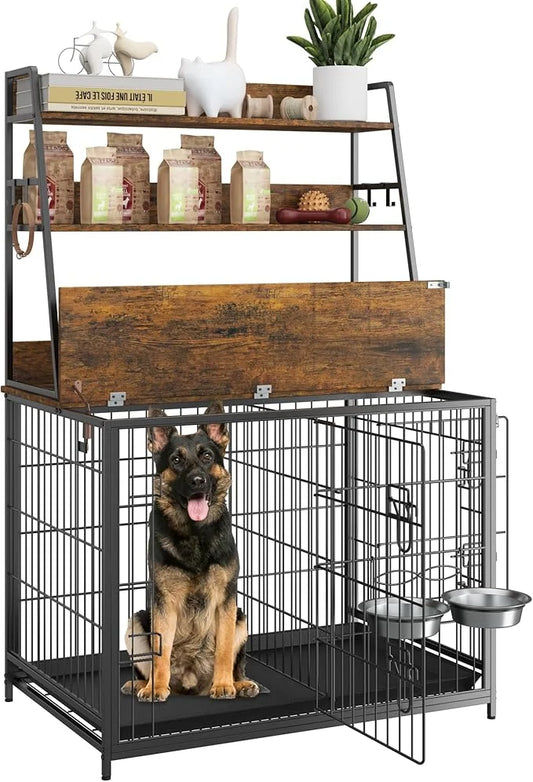 Dog Crate Furniture, 57 Inch Dog Kennel Furniture with Storage Shelves and Removable Tray, Indoor Dog House with 2 Doors a...