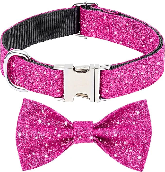 Bling Bow Tie Dog Collar and Leash Set, Cute Pink Girl Dog Collar with 5ft Leash for Small Medium Dogs Daily Walking or Ho...